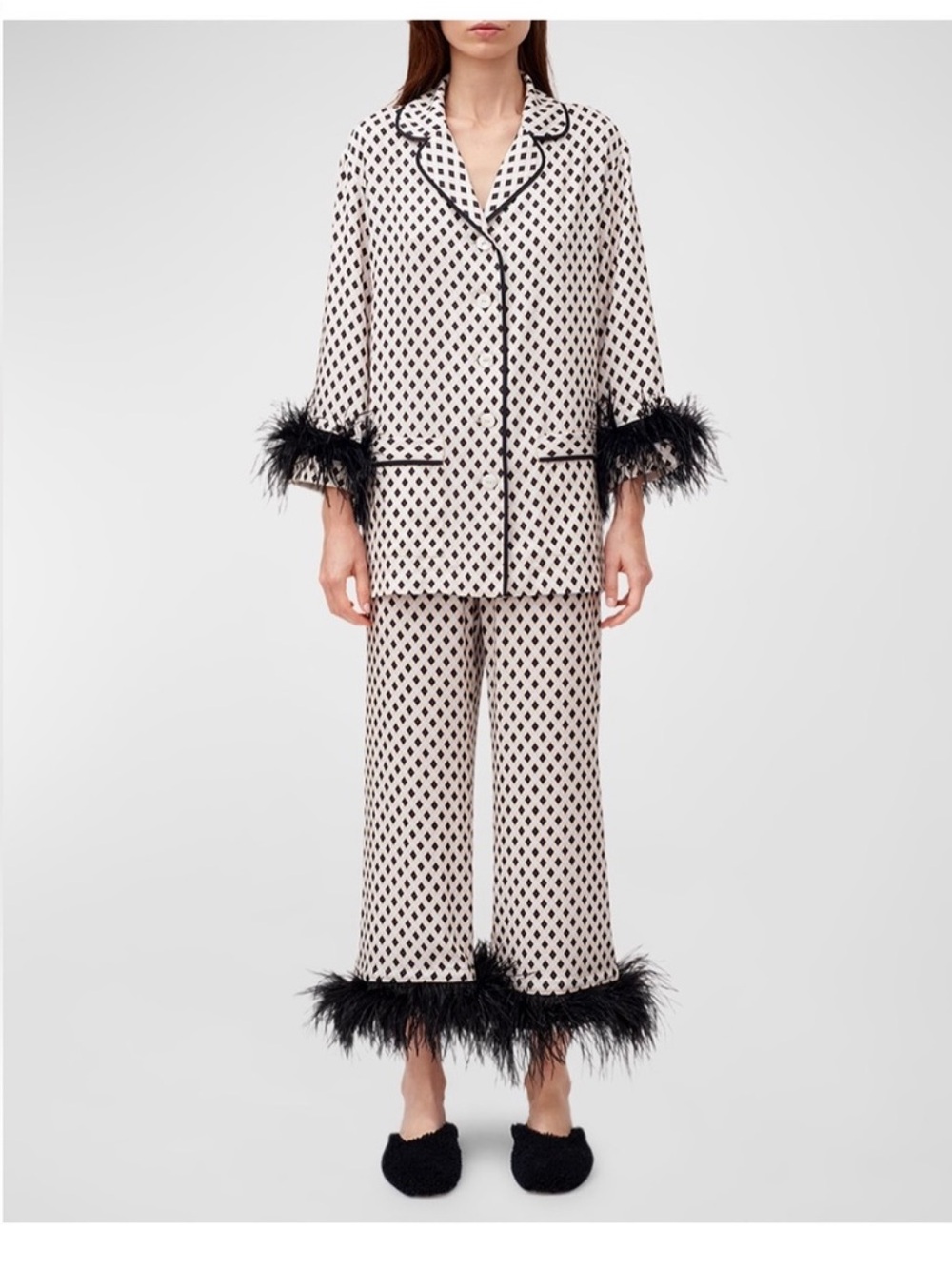 Sleeper Party Feather-Trim Diamond Print Pajama Set size S luxury
